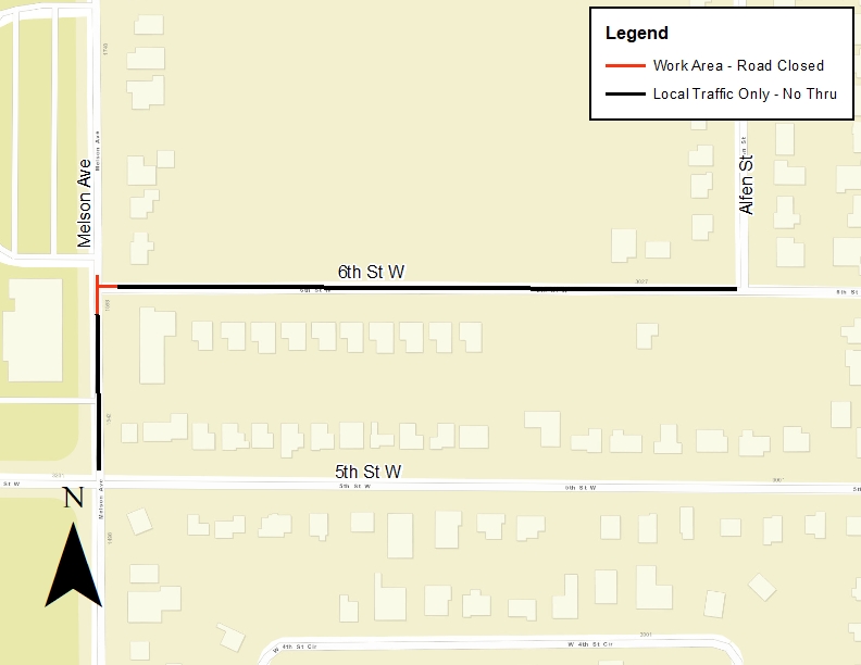 6th Street West at Meslon Avenue - Project Work Area & Detour Map