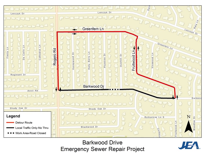 Barkwood Drive Emergency Sewer Repair Project - Detour Map