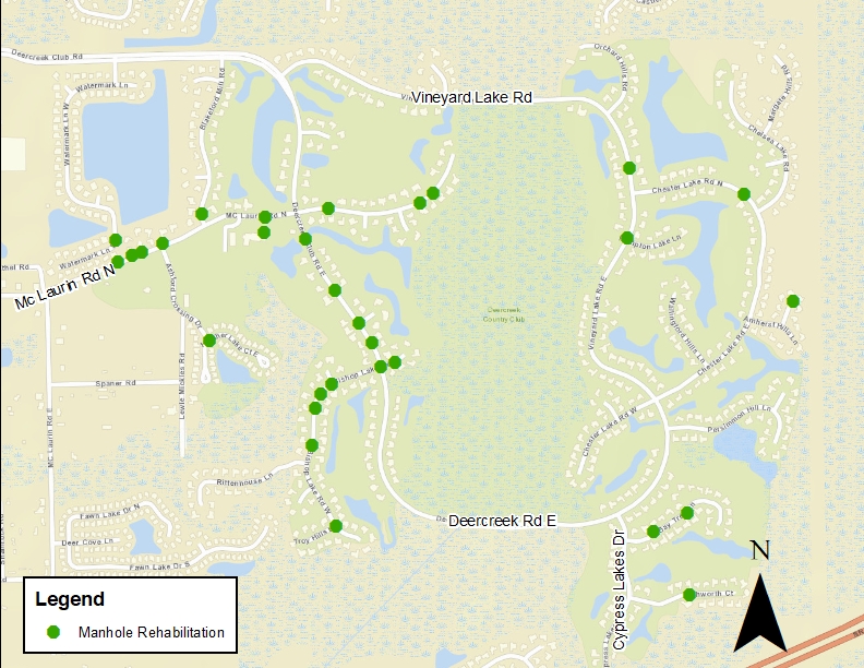 Deercreek Sanitary Sewer Manhole Improvement Project - Map of Manhole Repair Locations