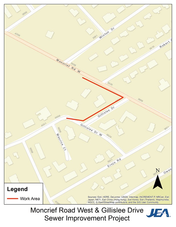 Moncrief Rd W & Gillislee Rd Sewer Improvement Project - Map of Work Area