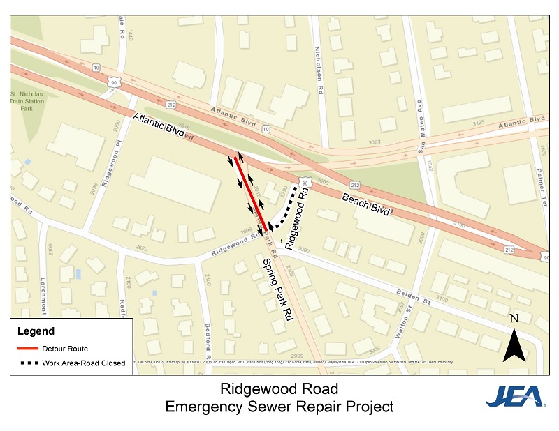 Ridgewood Road Emergency Sewer Repair - Detour Map