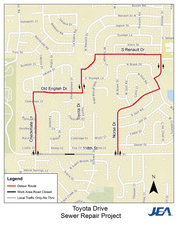 Toyota Drive Sewer Repair Project - Detour Map