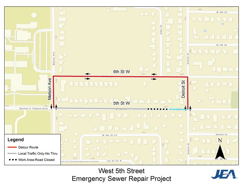 West 5th Street Emergency Sewer Repair Project - Detour Map